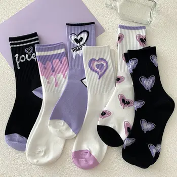 Дамски памучни чорапи с принтом лилаво сърце, среден пръсти във формата на тръба, чорапи в стил американски хип-хоп, градинска дрехи, Чорапи за скейтборд, спортни чорапи за момичета