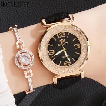 Дамски ръчен часовник с пясъчна текстура, 2 бр./компл., луксозни часовници с брилянтен шариковым циферблат за жени, комплект, рокля с матирано прости циферблат, дамски часовници