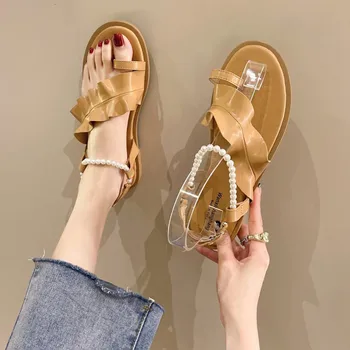 Дамски сандали 2022, летни ежедневни сандали на равна подметка с жемчужными джапанки, плажни обувки sandalias de mujer сандали женские30#