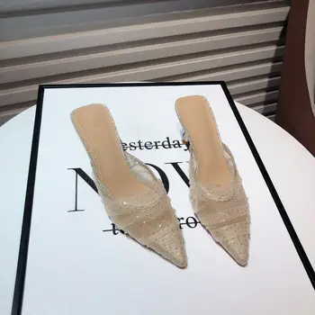 Дамски сандали на тънките токчета, секси лято 2023, новост, френски стил, ретро, модерни блестящи окото модерни чехли, универсална обувки