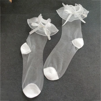 Дамски чорапи до щиколоток с красиви набори и лък в японски стил, тънки чорапи носочные изделия от прозрачна мрежа от фибростъкло