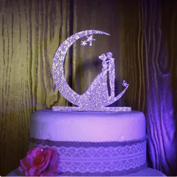 Двойка на Луната, украса за сватбена торта по поръчка, Акрилни златен персонализирани topper за сватбената торта Casamento