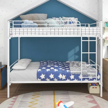 Двуетажно легло Twin-Over-Full с метална рамка и стълбище \ Компактен дизайн \ Бял [В наличност в САЩ]