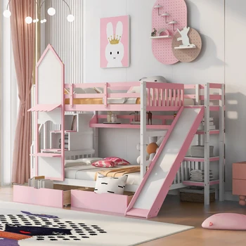 Двуетажно легло в стил замък с 2 чекмеджета, 3 рафтове и пързалка, Dream, за детска стая, Спалня - Розов