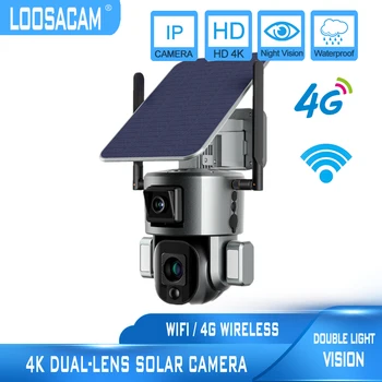 Двухобъективная камера в слънчеви батерии, Двуцветен безжична външна камера с резолюция 4K 360 °, IP66, акумулаторна батерия, PTZ камера, WiFi