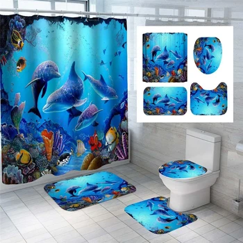 Делфините 3D печат удебелена водоустойчива душ завеса за душ, седалка за тоалетната чиния, украса баня, стена, завеса на Подводния свят