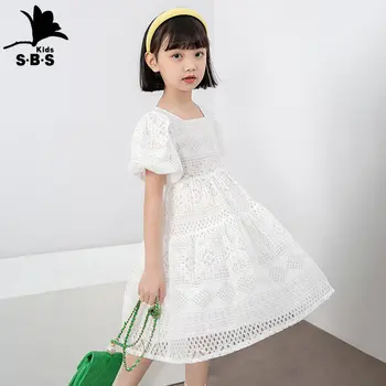 Детска пола с ръкави-мехурчета, бяло лятото дантелено рокля за момичета 2023 година на издаване