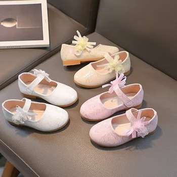 Детски модни кожени обувки Мери Джейн със завързана цветя модел модни вечерни сватбени обувки на принцесата за момичета 2023 Летни нови ежедневни меки