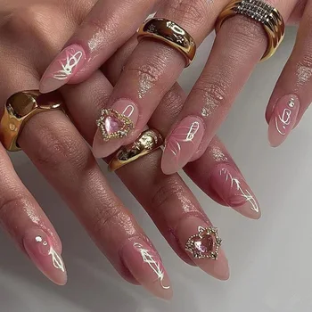 Дизайн розова пеперуда Носене Дизайн на ноктите, Сърцето Планински Кристал с Пълно покриване на Режийни ноктите Готова миндалевидная форма на Въздушната ноктите Натиснете върху ноктите