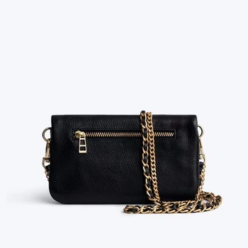 Дизайнерска луксозна чанта-крылышко, модни дамски чанти през рамо, универсален мини чанта в черна метална верига от естествена кожа