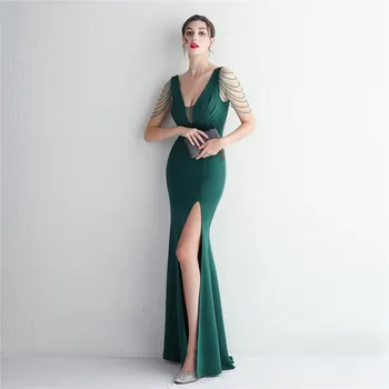 Дълга елегантна зелена рокля за абитуриентски бал с мъниста, V-образно деколте и висока цепка, плисе сатенени дамски официални рокли за партита В наличност