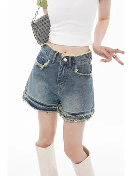 Дънкови шорти Градинска летни дрехи с ресни Y2k, модни реколта дамски къси панталони с висока талия, шикозни дамски къси панталони
