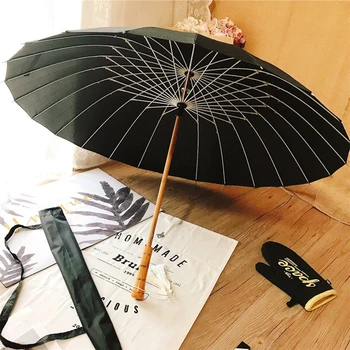 Дървен чадър с дълга дръжка, 24 ребра, ретро китайски чадър, мъжки, женски, черни, голям чадър, чадъри за защита от слънце на открито за момичета