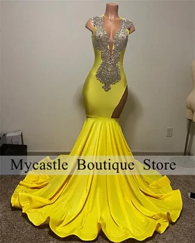 Елегантни жълти кадифени рокли на Русалка за бала 2023, луксозни вечерни рокли с мъниста и кристали за черни момичета, вечерни халати