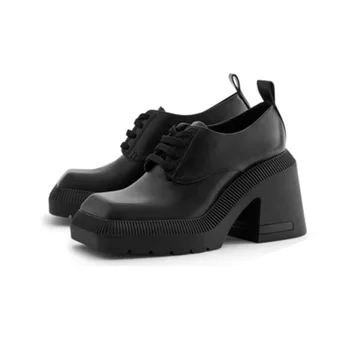 Елегантни черни дамски обувки-лодка на платформата 2023, кожени обувки на дебелите високи токчета, дамски обувки Mary Jane с квадратни пръсти