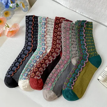 Есенни нови чорапи mori, дамски чорапи с цветя вълнообразна тръба, модни чорапи в стил ретро с цветен модел в стил придворном