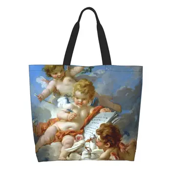 Естетически чанти-тоут с принтом Ангел от Епохата на Възраждането с кавайным принтом, Преносима холщовая чанта-купувач на рамото, художествена чанта в стила на Буш в стил рококо