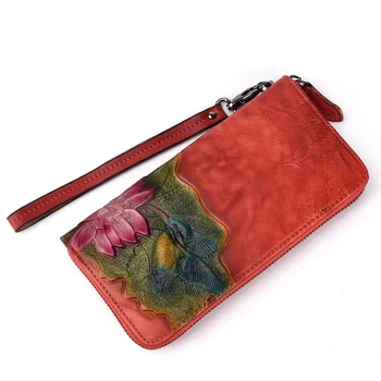 Жена дълъг портфейл, клатч за пари, чанти на китката, удобна чанта с цип държач за карти, птици, цветя, ретро женски портфейл от естествена кожа
