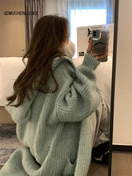 Жена пуловер 2023, новостите на есен-зима, на корейското модно вязаное палто с дълги ръкави и качулка, без дебели дълга жилетка