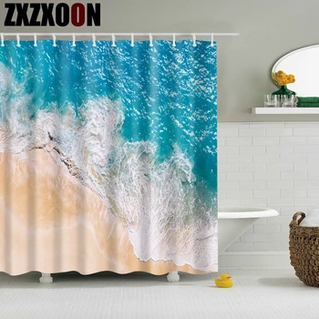 Живописен крайморски Плажен пейзаж Миди Прерийните цветя Баня душ Завеси от водоустойчив полиестер с куки