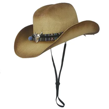 Заседание на слама ковбойская шапка на Toyo с тапицерия от мъниста в западен стил, натурална, Ветрозащитная Веревочная шапка от Слънцето