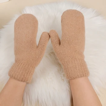 Зимни Ръкавици, обикновена модни дамски ръкавици без пръсти с кроличьим кожа за момичета, меки топли ръкавици от ярки цветове, двуслойни дамски ръкавици на всички пръсти