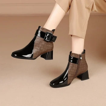 Зимни дамски обувки с квадратни пръсти, с цип, дамски обувки 2023 г., есенни женски ботильоны от изкуствена кожа на дебелите обувки с високи токчета, къси ботуши