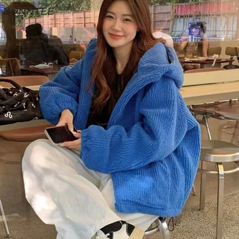 Зимни якета, дамски палта, мешковатая топло облекло с качулка, чист цвят, на Главната улица, самостоятелна минималистичная облекло за учениците от корейската мода