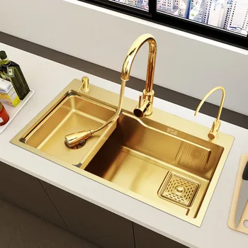 Златна кухненска мивка от неръждаема стомана 304, Нано-богат на функции, стълба тип, голяма единичен слот с вода, дренажни аксесоари