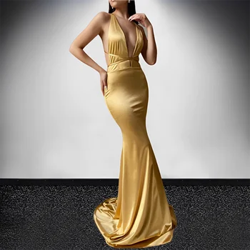 Златни секси рокли на шаферките Русалка с отворен гръб 2023, сатенени дълги рокли за вашата сватба парти с дълбоко V-образно деколте, Рокля Фрейлины за жени