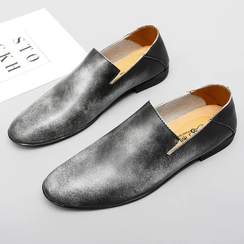 Италиански маркови лоферы без закопчалка, мъжки сив ежедневни обувки подметка, улични бизнес модел обувки за мъже, обувки от естествена кожа