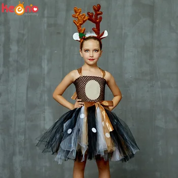 Кафява рокля-пакетче с елени и превръзка на главата за момичета, празничен костюм на животното, детски костюм на лоса за Хелоуин, коледа, Коледни костюми, рокли fancy