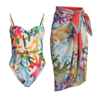 Коварен бикини на подтяжках с цветен принтом, едно парче женски бански костюм, елегантна нерегулярная модни плажната наметало 2023