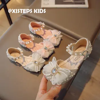 Кожени вечерни обувки на принцесата за момичета, бродирани с мъниста, за деца от 3 до 12 години, модел обувки с лък, розово-бежови обувки за момиченца