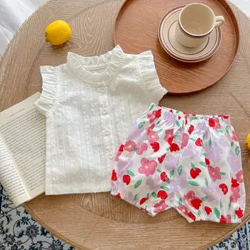 Комплект Дрехи за новородени момичета от 0 до 3 години, лятна бяла риза с волани, къси панталони с цветен модел, скъпа памучен дрехи за деца, съоръжения