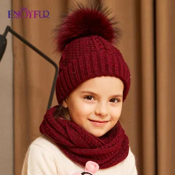 Комплект зимна шапка и шал ENJOYFUR за момичета, висококачествен памучен вязаная мека шапка за момичета, дебели шапки за момичета, детски топъл комплект шапки