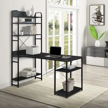 Компютърно бюро за домашния офис-Метална рамка и МДФ/5-степенна отворена bookshelf/Много място за съхранение (черен)