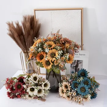 Коприна слънчоглед, Букет изкуствени цветя, за вашия офис, партита, градина, хотел, Сватбена украса