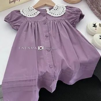 Корейска рокля за малки момиченца, ново лятно памучно рокля с къс ръкав в лилаво, детски дрехи, рокли на принцеси за момичета