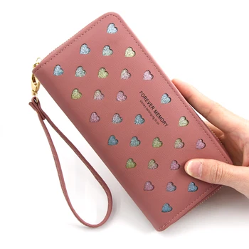 Корейски Нов портфейл, дамска дълга чанта за мобилен телефон с цип голям капацитет, с любов И цветен куха чанта