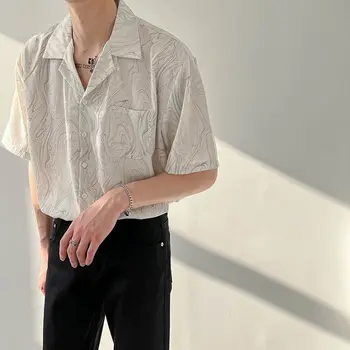 Корейски модерни ежедневни ризи с геометричен дизайн, красиви джобове, копчета и къс ръкав, отложной яка, мъжки дрехи 2023, Постно годишен мъж