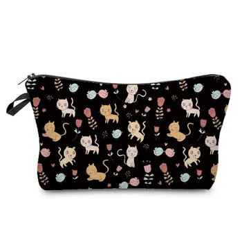 Косметичка с флорални принтом котка, красива черна дамска чанта, сладки козметични чанти с животни, топла разпродажба, пеналы, преносим чанта за бонбони, подарък чанта