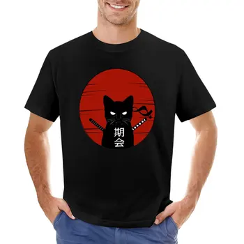 Котка-нинджа, тениска с котка-самураем, японски текст, Тениска с котка-нинджа, обикновена тениска, черна тениска, тениски оверсайз за мъже