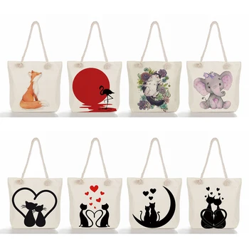 Красиви чанти с принтом серията Animal, дамски бельо чанта-тоут с шарени Черна котка от карикатура, еко-чанта за пазаруване, дамски пътна плажна чанта с голям капацитет