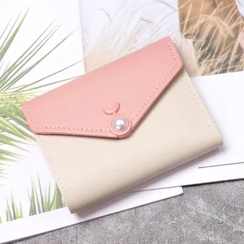 Кратък портфейл от изкуствена кожа, женски модерен просто чантата с перли, проста сращивающая къс чанта за карти в ретро стил, корейски малко прясно портфейл за карти