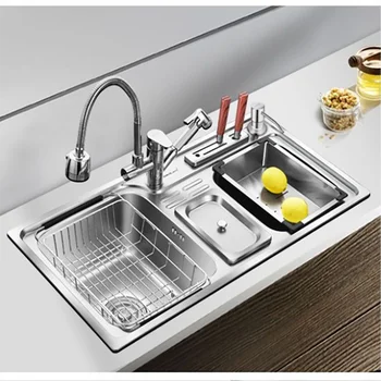 Кухненска мивка от неръждаема стомана, удебелена двухщелевая богат на функции мивка за боклук, мивка за измиване на зеленчуци / съдове с притежателя на ножове