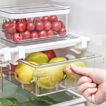 Кухненски шкаф за съхранение на Плодове и продукти, Пластмасов Прозрачен Органайзер за Хладилник, Чекмеджето под рафта, стойка за рафтове, шкаф за хладилник