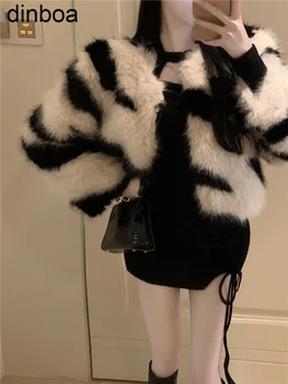 Къса яке от изкуствена Кожа с ивици цвят Зебра с цветни блокчета, топло есенно-зимния съкратен топ, дамско модно палто Y2k, укороченное Луксозно Елегантна 2022