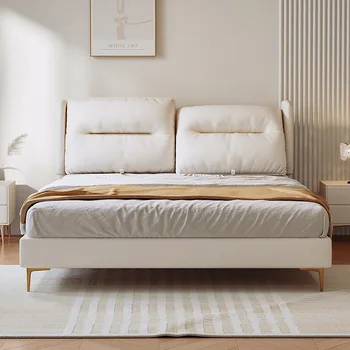 Легло от естествена кожа, лесно лукс, модерна двойна регулируема облегалка, основна легло 1,8 м, италиански минимализъм и технологии за защита от петна