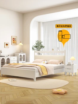Легло от масивна дървесина, просто модерна бяла спалня в скандинавски стил, двоен рафт с мека тапицерия, ретро стил за съхранение на wave cream